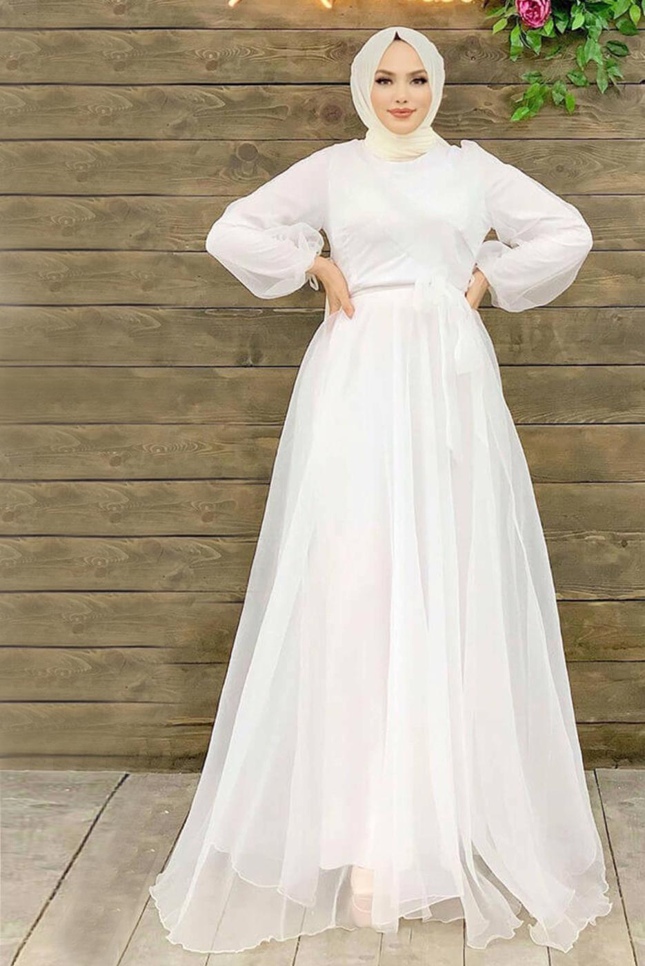 Tesettür giyim EKRU KUŞAKLI TÜLLÜ ABİYE ELBİSE T 4693