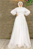 Tesettür giyim EKRU KUŞAKLI TÜLLÜ ABİYE ELBİSE T 4693