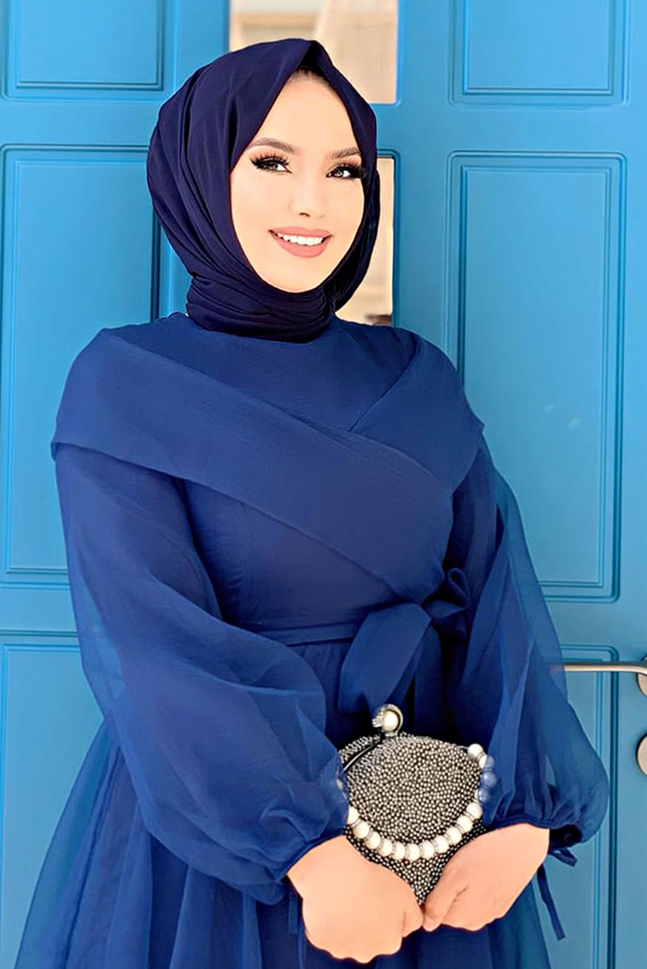 Tesettür giyim LACİVERT KUŞAKLI TÜLLÜ ABİYE ELBİSE T 4693