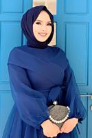 Tesettür giyim LACİVERT KUŞAKLI TÜLLÜ ABİYE ELBİSE T 4693