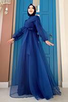 Tesettür giyim LACİVERT KUŞAKLI TÜLLÜ ABİYE ELBİSE T 4693