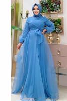 Tesettür giyim LACİVERT KUŞAKLI TÜLLÜ ABİYE ELBİSE T 4693