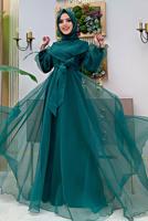 Tesettür giyim YEŞİL KUŞAKLI TÜLLÜ ABİYE ELBİSE T 4693