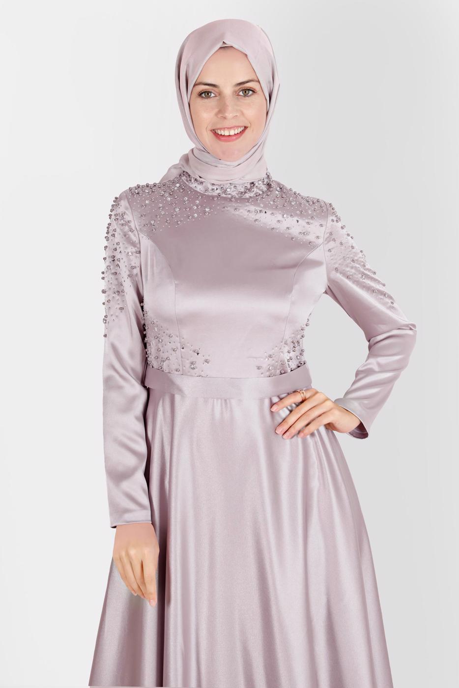 Tesettür giyim BEJ ALVİNA SATEN ABİYE ELBİSE 50215