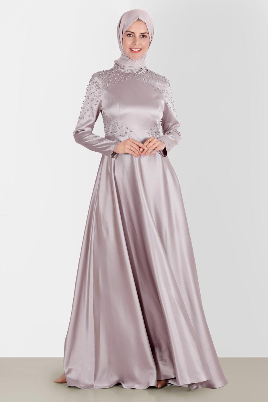 Tesettür giyim BEJ ALVİNA SATEN ABİYE ELBİSE 50215