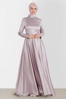 Tesettür giyim BEJ ALVİNA SATEN ABİYE ELBİSE 50215