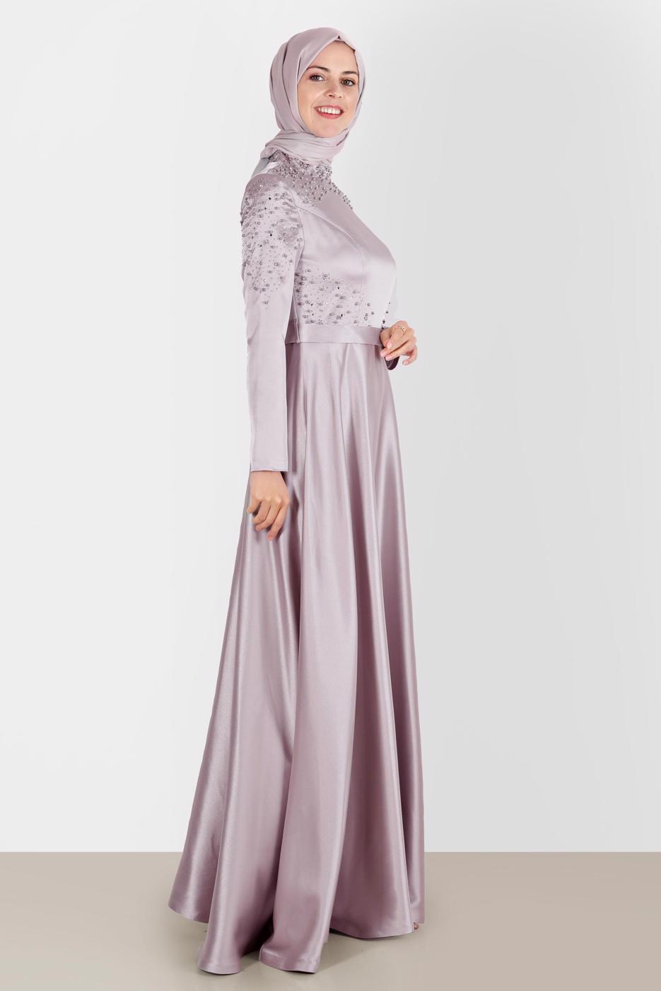 Tesettür giyim BEJ ALVİNA SATEN ABİYE ELBİSE 50215
