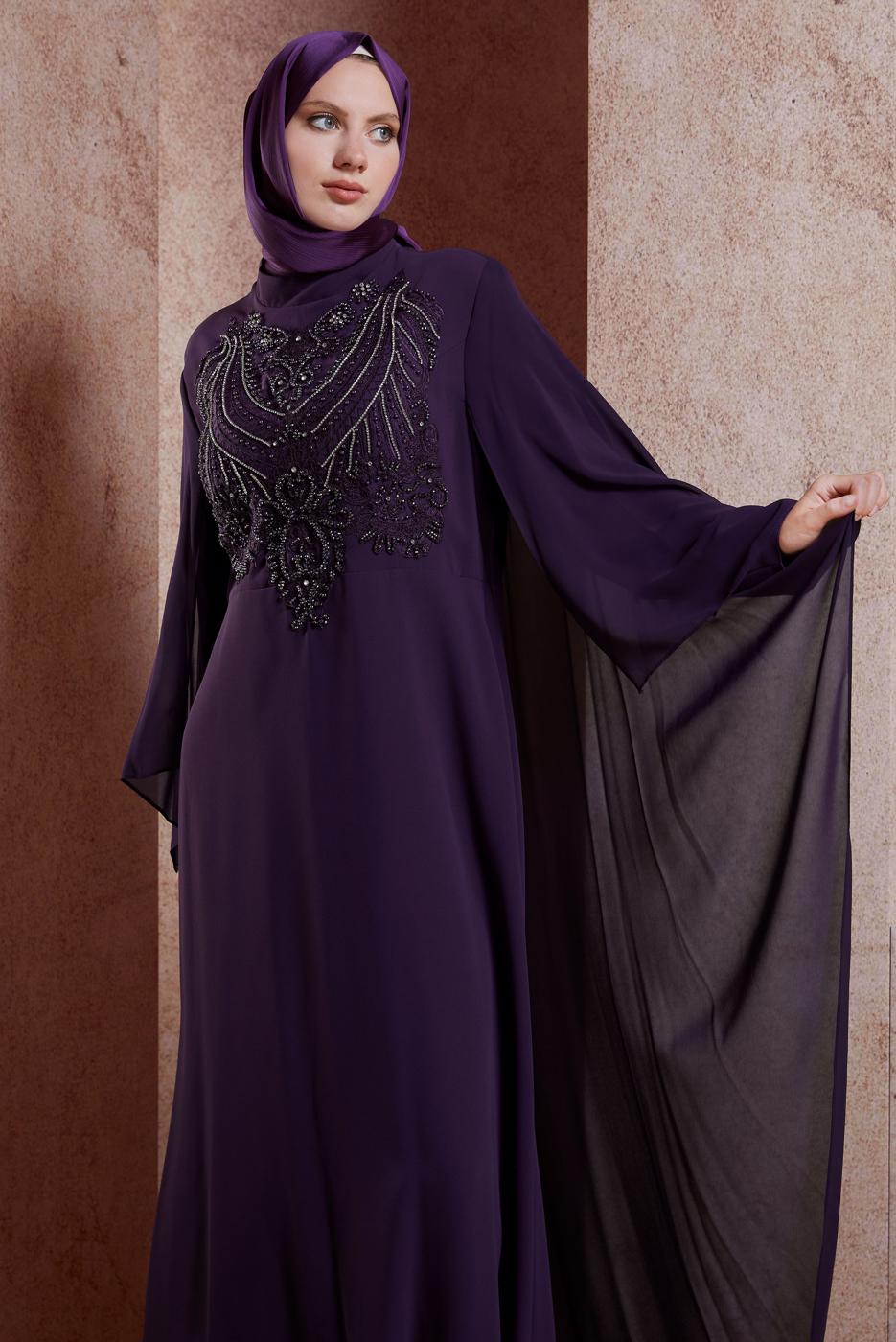 Tesettür giyim MOR ALVİNA TAŞLI ABİYE ELBİSE T 5515
