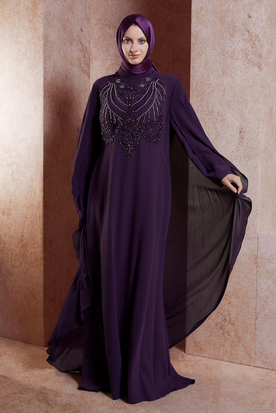 Tesettür giyim MOR ALVİNA TAŞLI ABİYE ELBİSE T 5515