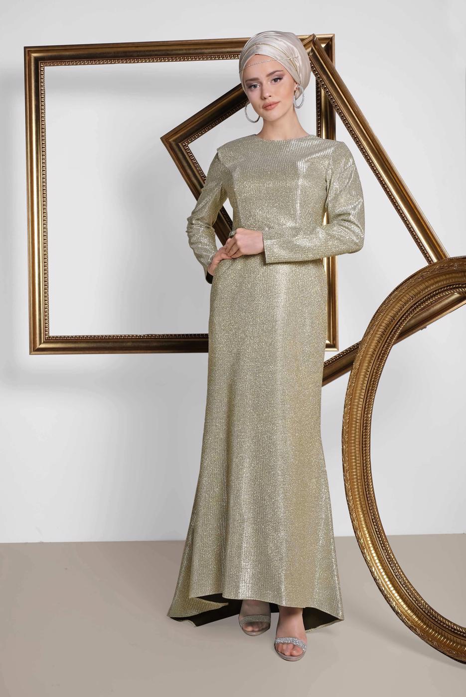 Tesettür giyim ALTIN ALVİNA SİMLİ KEMERLİ ABİYE ELBİSE 5583 