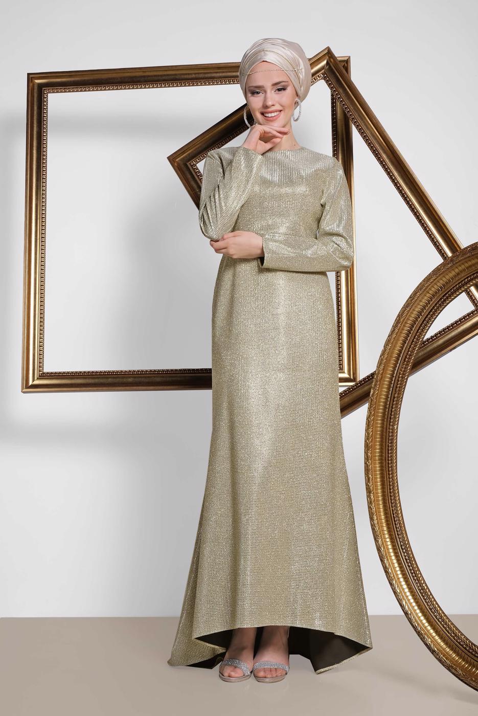 Tesettür giyim ALTIN ALVİNA SİMLİ KEMERLİ ABİYE ELBİSE 5583 