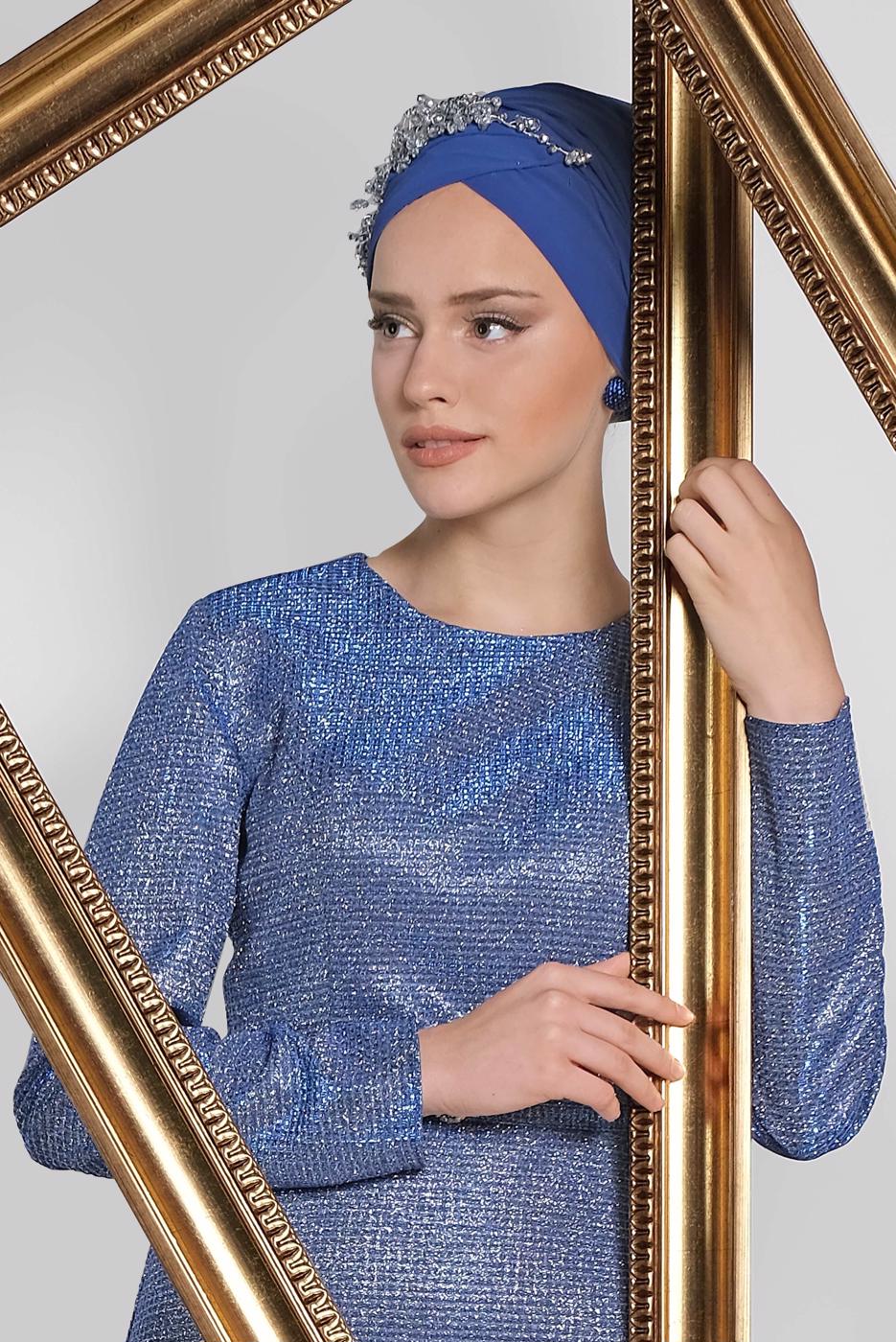 Vêtements hijab BLEU MARINE ALVİNA ROBE DE SOIRÉE ARGENTÉE AVEC CEINTURE 5583