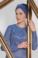 Vêtements hijab BLEU MARINE ALVİNA ROBE DE SOIRÉE ARGENTÉE AVEC CEINTURE 5583