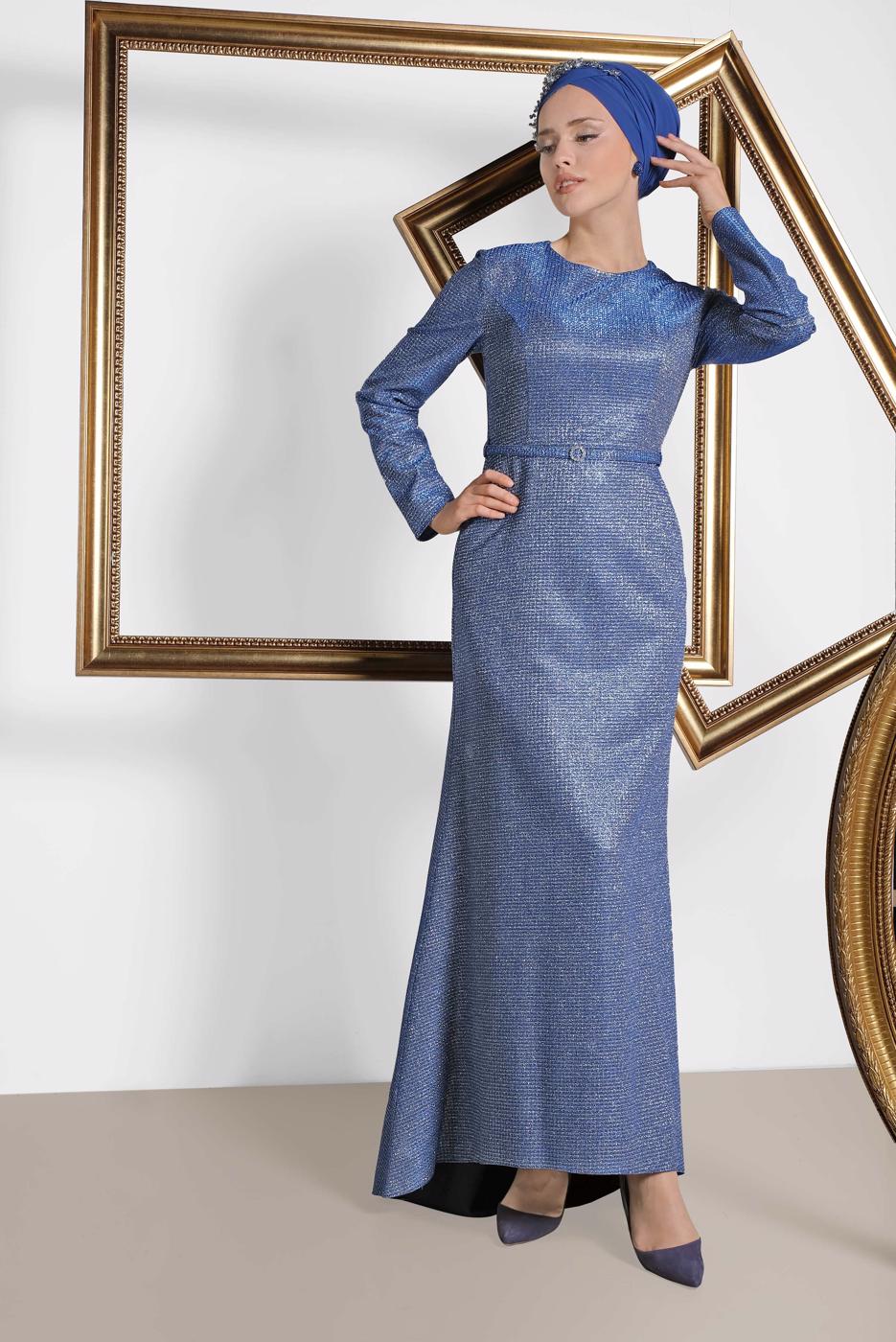 Vêtements hijab BLEU MARINE ALVİNA ROBE DE SOIRÉE ARGENTÉE AVEC CEINTURE 5583