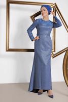 Vêtements hijab BLEU MARINE ALVİNA ROBE DE SOIRÉE ARGENTÉE AVEC CEINTURE 5583