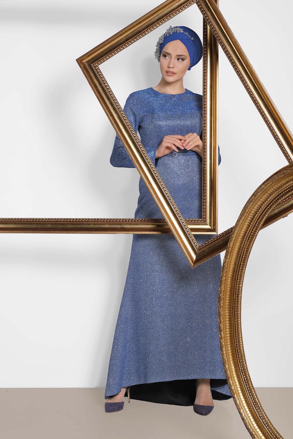 Vêtements hijab BLEU MARINE ALVİNA ROBE DE SOIRÉE ARGENTÉE AVEC CEINTURE 5583