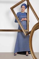 Vêtements hijab BLEU MARINE ALVİNA ROBE DE SOIRÉE ARGENTÉE AVEC CEINTURE 5583