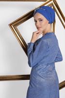 Vêtements hijab BLEU MARINE ALVİNA ROBE DE SOIRÉE ARGENTÉE AVEC CEINTURE 5583