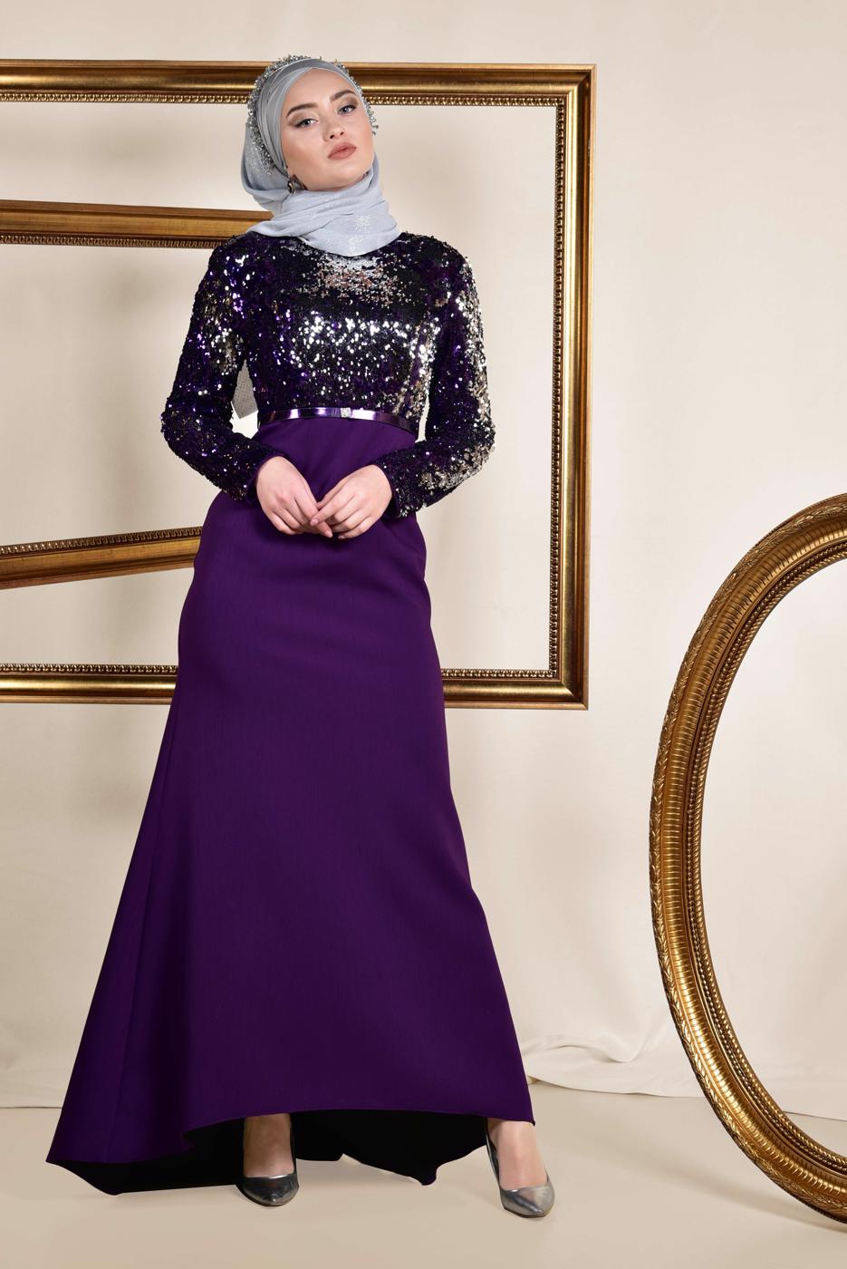 Vêtements hijab POURPRE ALVİNA ROBE DE SOIRÉE À PAILLETTES 5589