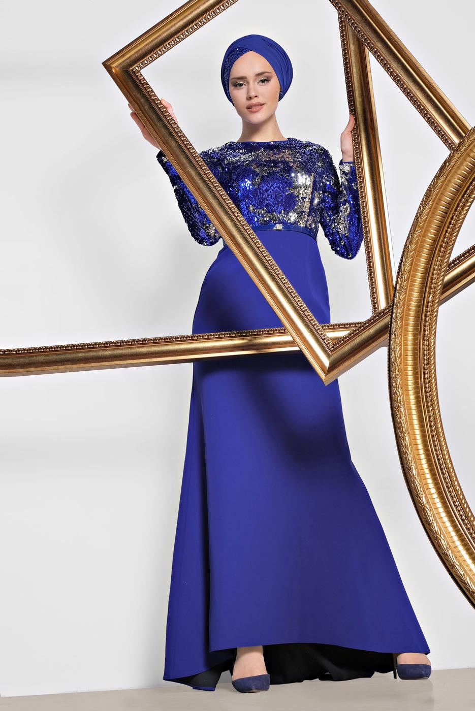 Tesettür giyim LACİVERT ALVİNA PULLU PAYETLİ ABİYE ELBİSE 5589 