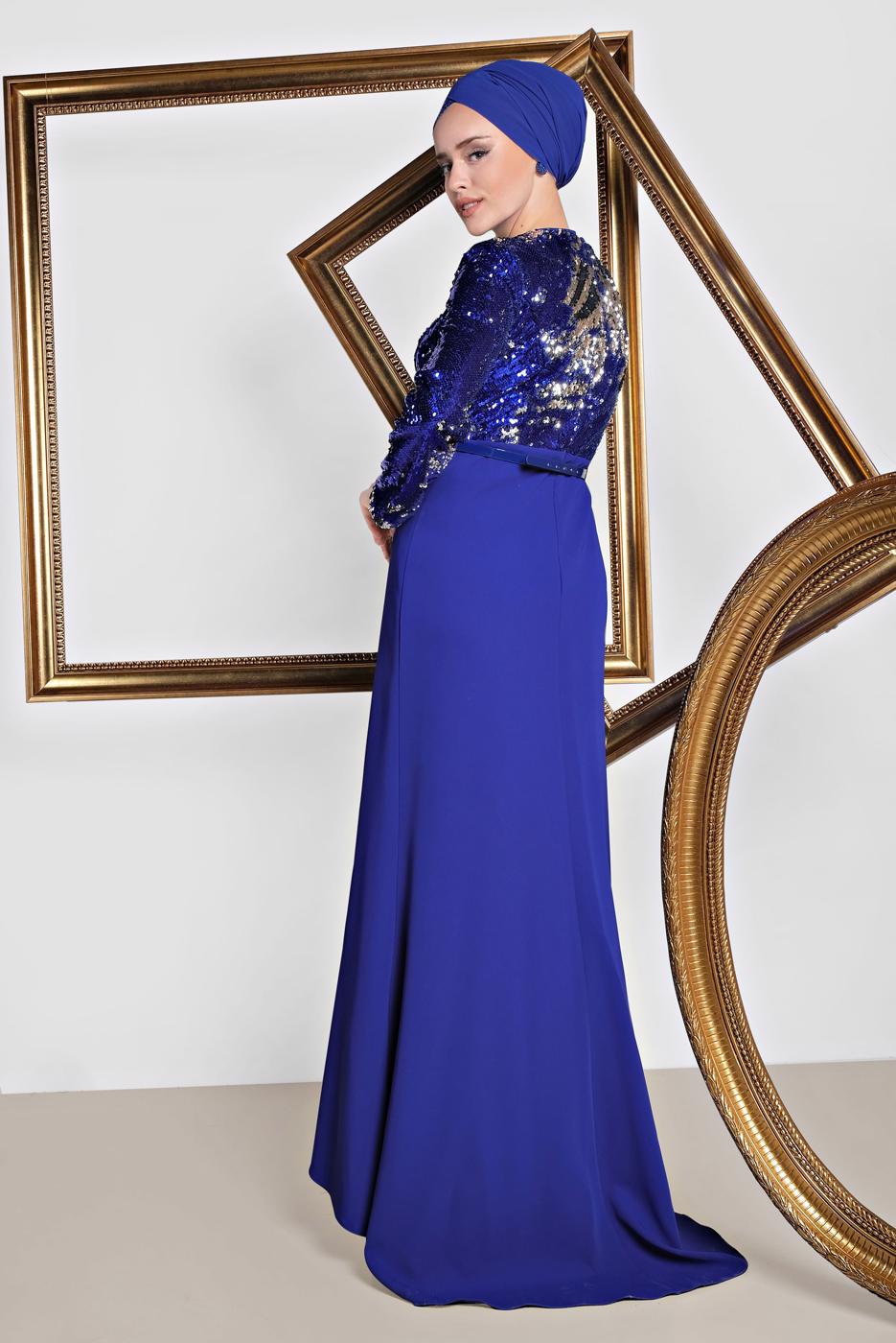 Tesettür giyim LACİVERT ALVİNA PULLU PAYETLİ ABİYE ELBİSE 5589 