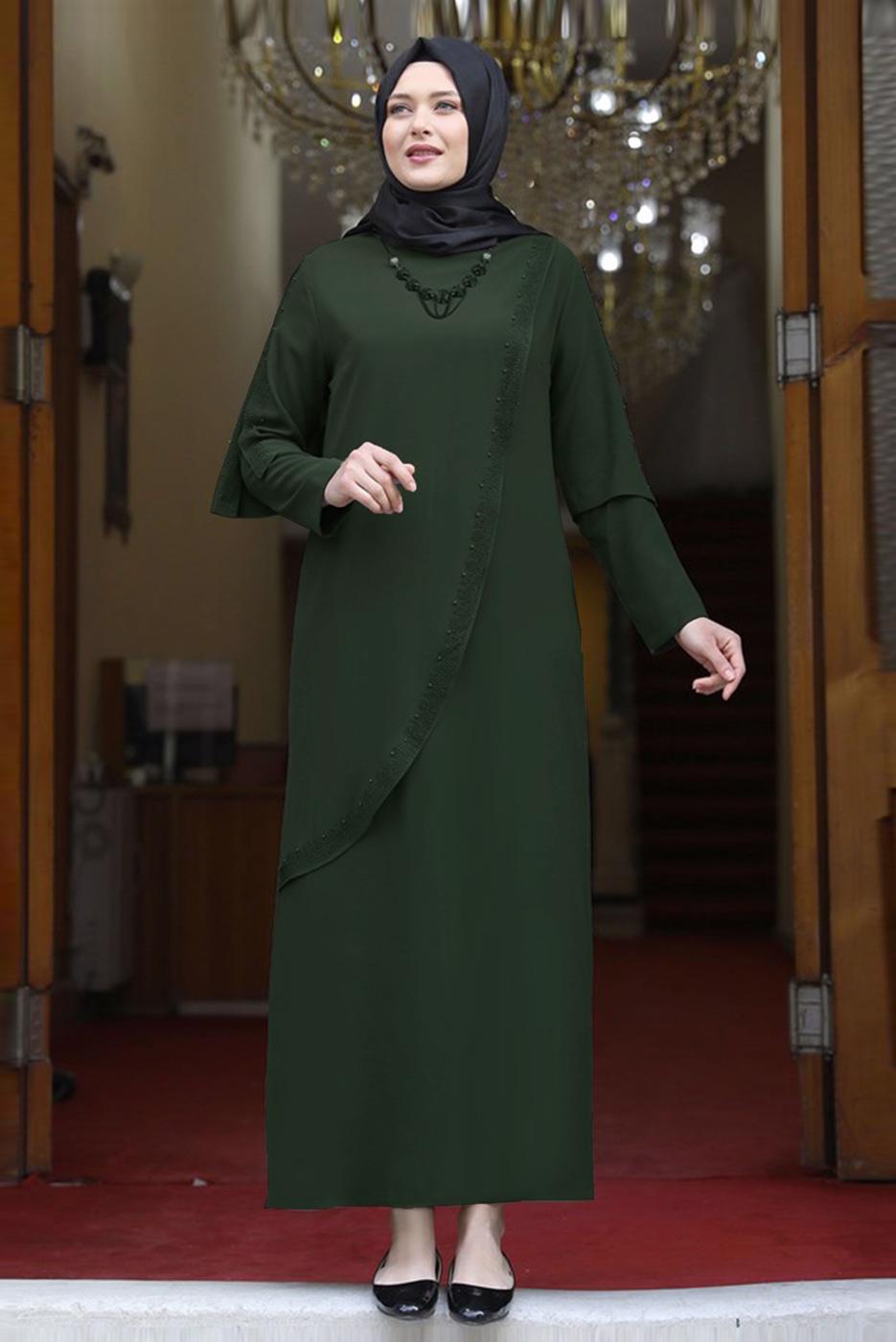Hijab clothing KHAKI GEM DETAIL ASYMMETRIC CUT EVENING DRESS 6021