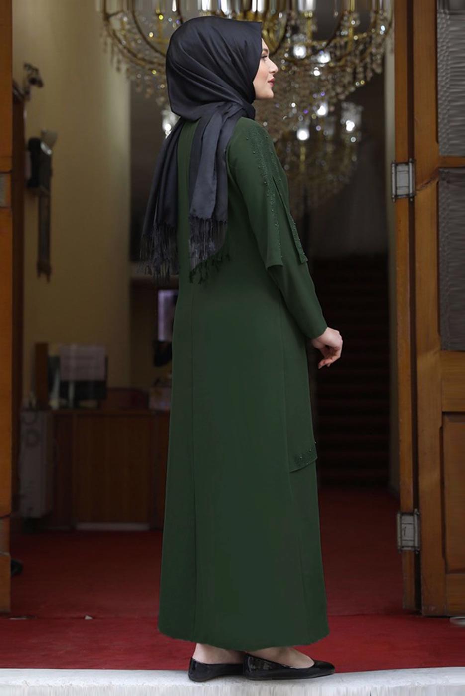 Hijab clothing KHAKI GEM DETAIL ASYMMETRIC CUT EVENING DRESS 6021