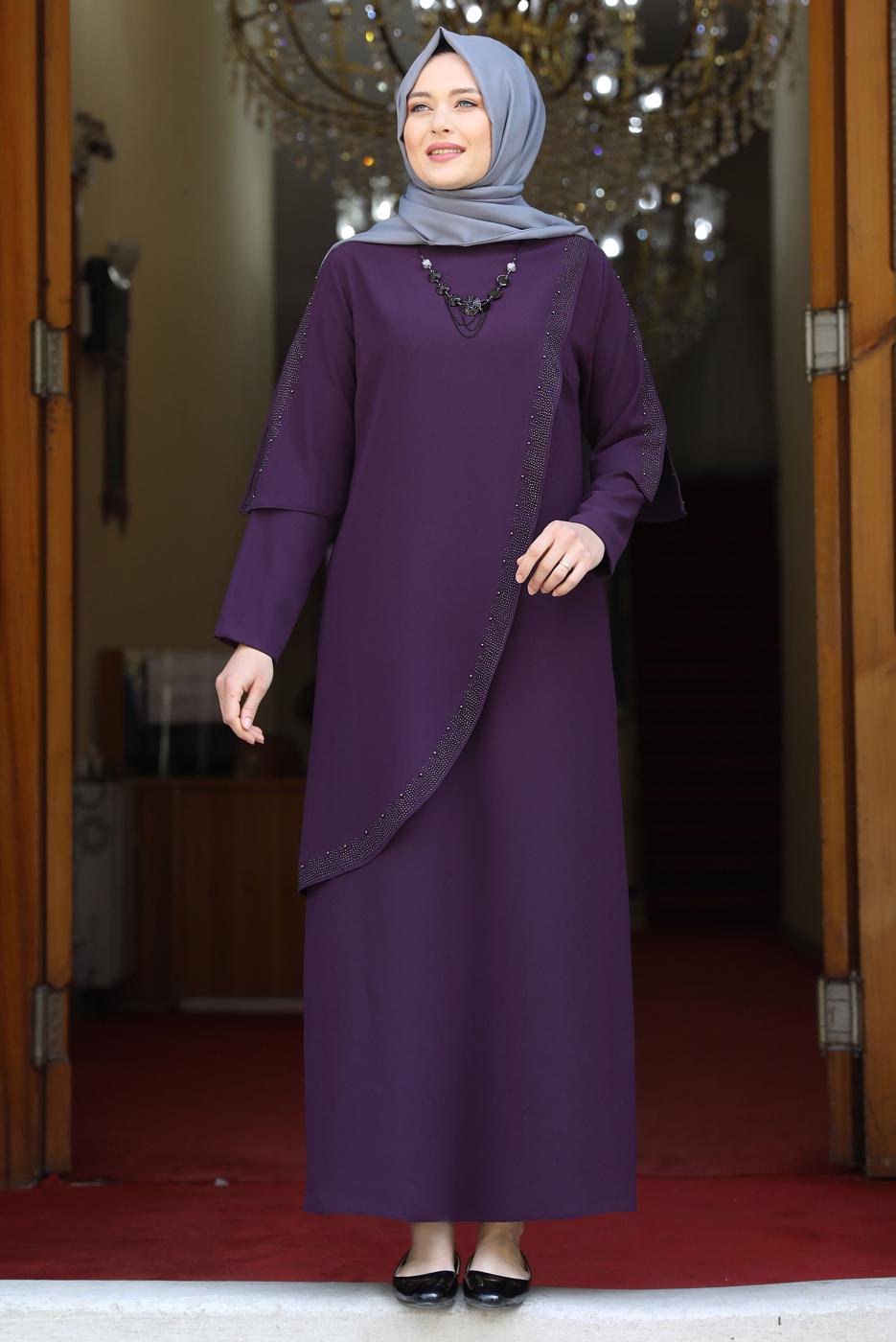 Hijab clothing PLUM GEM DETAIL ASYMMETRIC CUT EVENING DRESS 6021