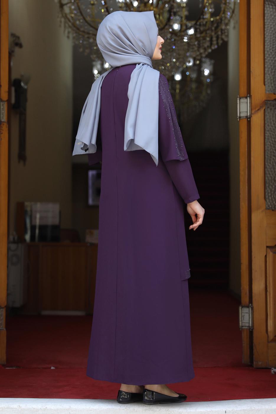 Hijab clothing PLUM GEM DETAIL ASYMMETRIC CUT EVENING DRESS 6021