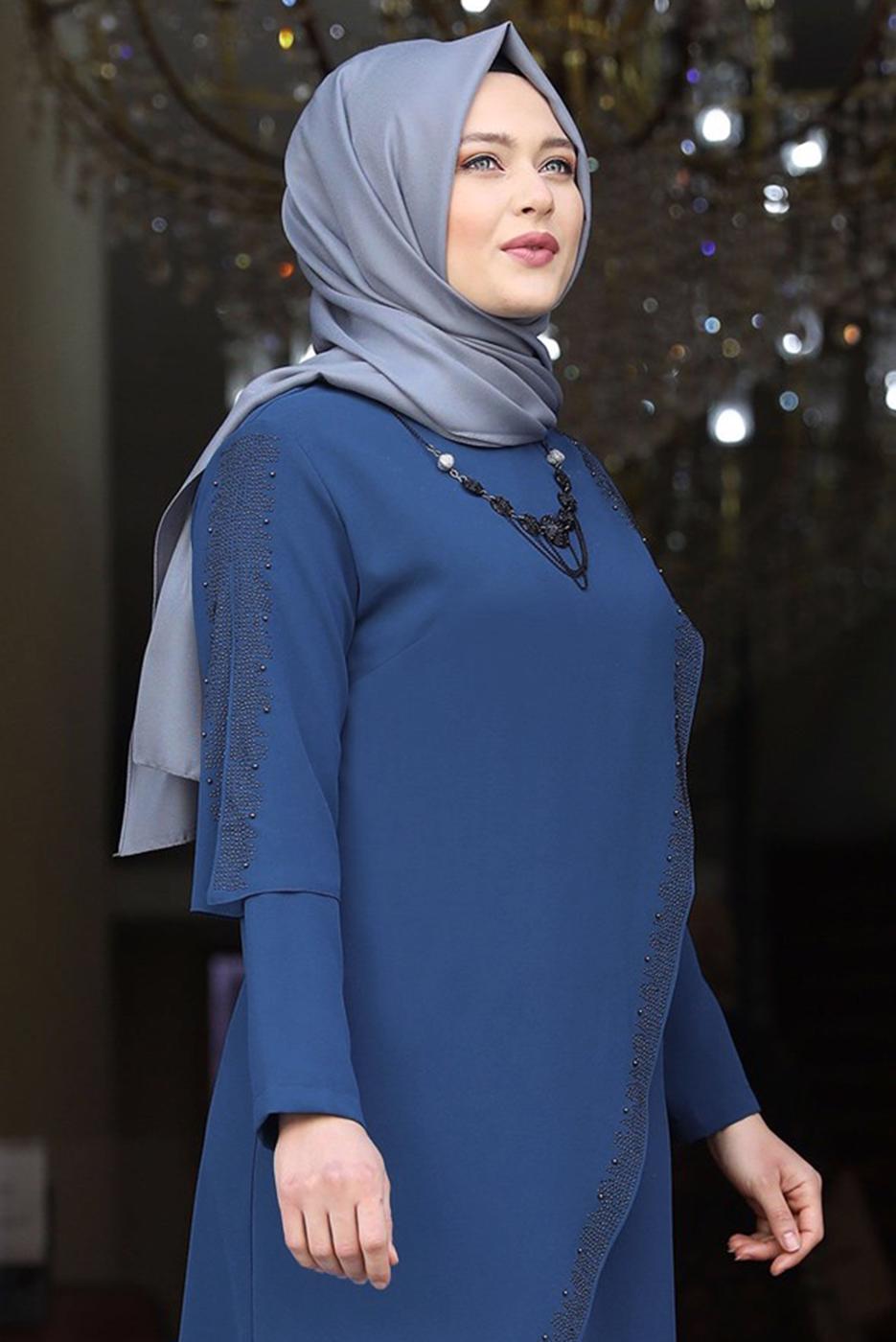 Tesettür giyim LACİVERT TAŞ DETAYLI ASİMETRİK KESİM ABİYE 6021	