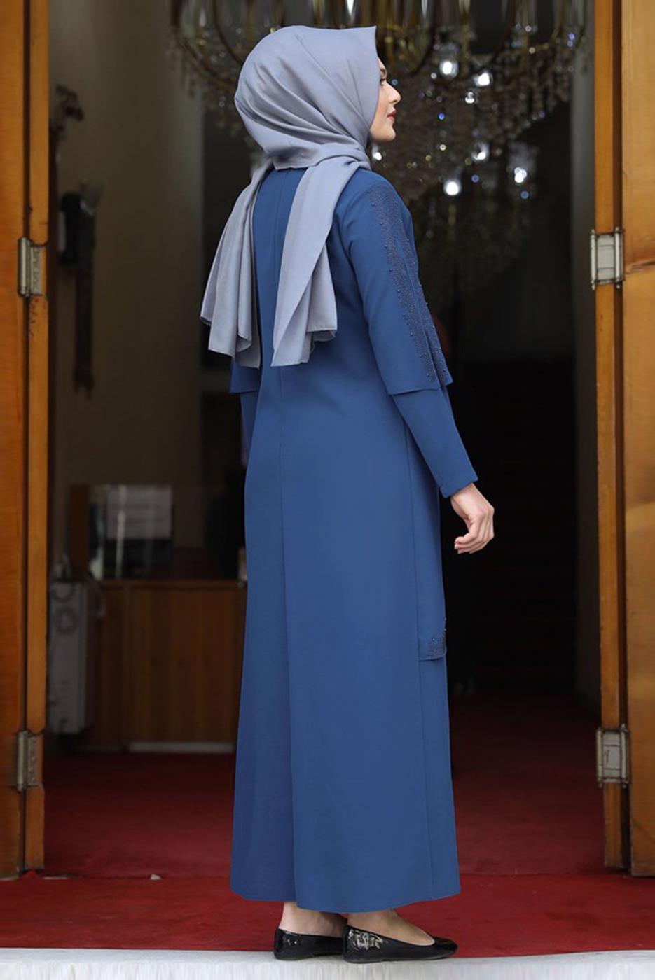 Tesettür giyim LACİVERT TAŞ DETAYLI ASİMETRİK KESİM ABİYE 6021	