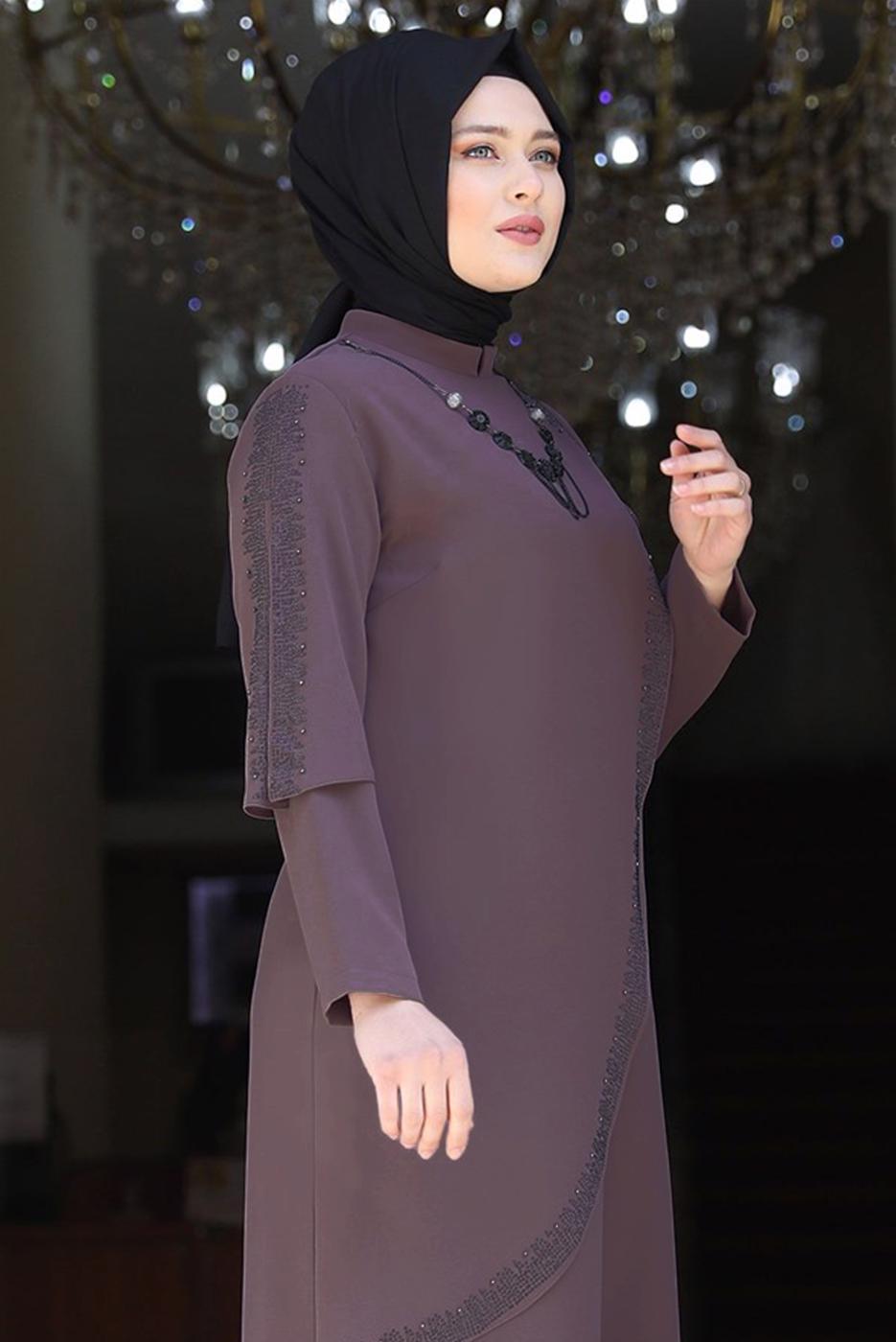 Hijab clothing PINK GEM DETAIL ASYMMETRIC CUT EVENING DRESS 6021