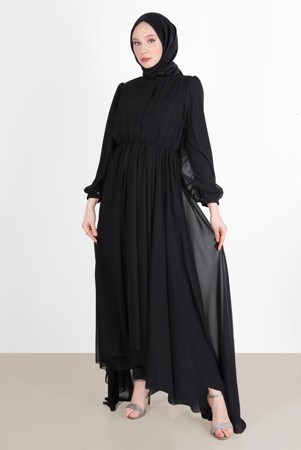 Tesettür giyim  PİLE GÖRÜNÜMLÜ BELİ BÜZGÜLÜ ABİYE ELBİSE 65015  - TRENDTESETTÜR