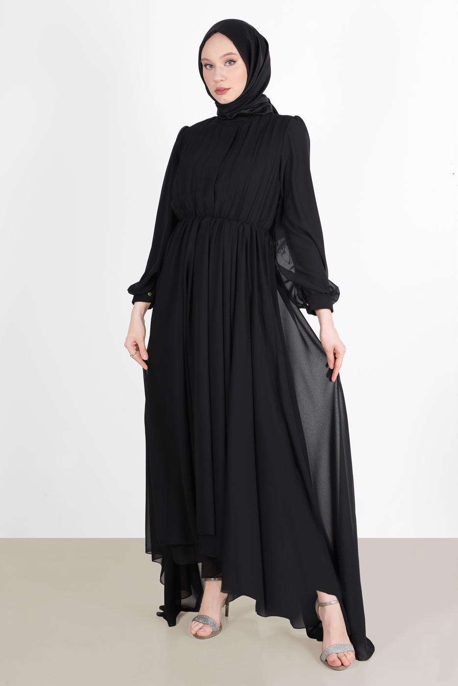 Tesettür giyim SİYAH PİLE GÖRÜNÜMLÜ BELİ BÜZGÜLÜ ABİYE ELBİSE 65015 