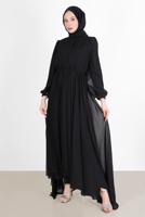 Tesettür giyim SİYAH PİLE GÖRÜNÜMLÜ BELİ BÜZGÜLÜ ABİYE ELBİSE 65015 