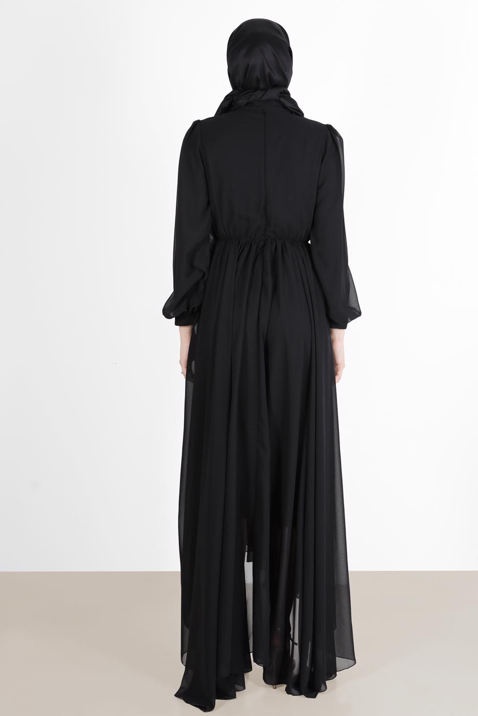 Tesettür giyim SİYAH PİLE GÖRÜNÜMLÜ BELİ BÜZGÜLÜ ABİYE ELBİSE 65015 