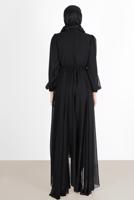 Tesettür giyim SİYAH PİLE GÖRÜNÜMLÜ BELİ BÜZGÜLÜ ABİYE ELBİSE 65015 