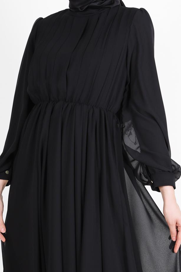 Tesettür giyim  PİLE GÖRÜNÜMLÜ BELİ BÜZGÜLÜ ABİYE ELBİSE 65015  - TRENDTESETTÜR