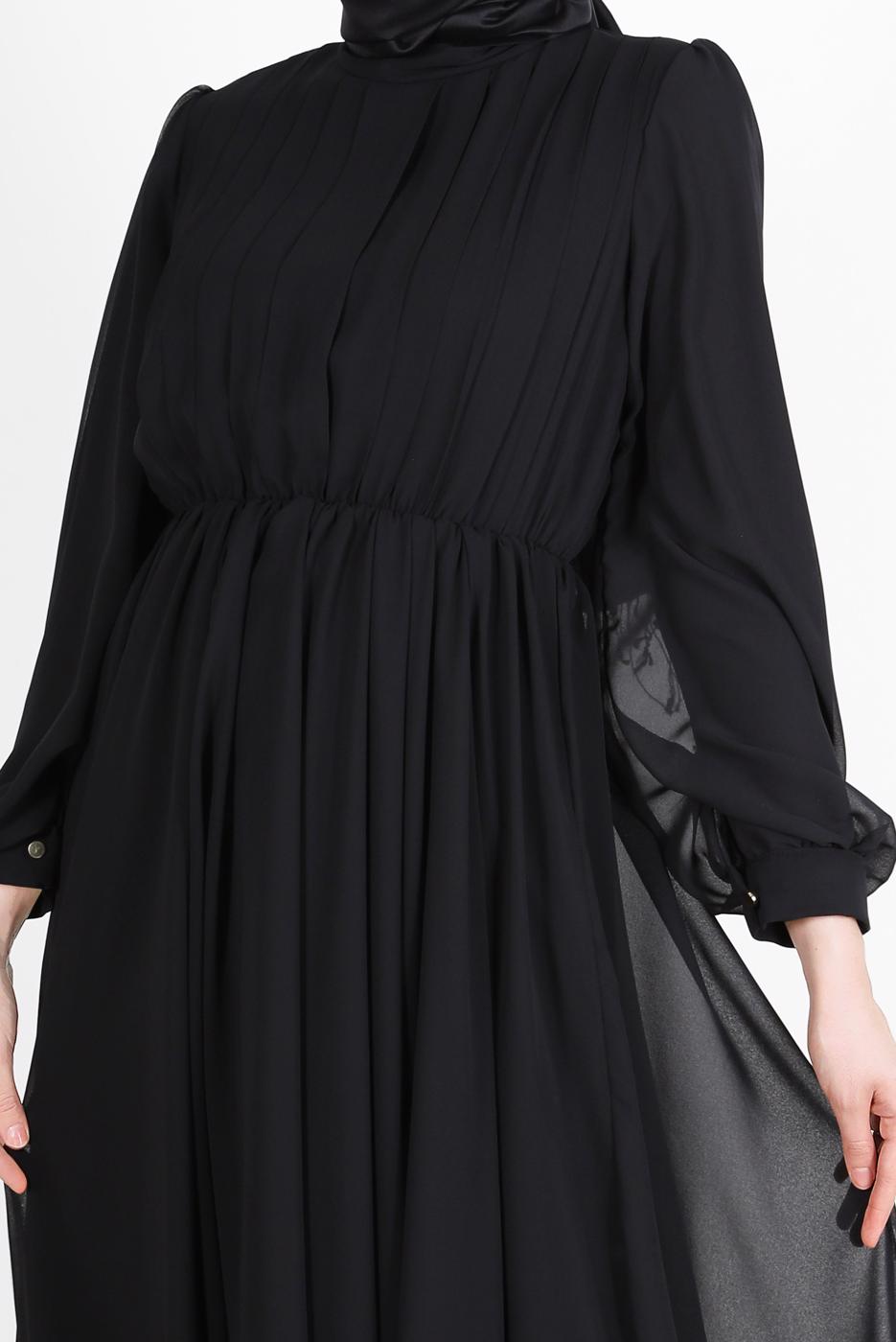 Tesettür giyim SİYAH PİLE GÖRÜNÜMLÜ BELİ BÜZGÜLÜ ABİYE ELBİSE 65015 