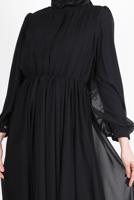 Tesettür giyim SİYAH PİLE GÖRÜNÜMLÜ BELİ BÜZGÜLÜ ABİYE ELBİSE 65015 