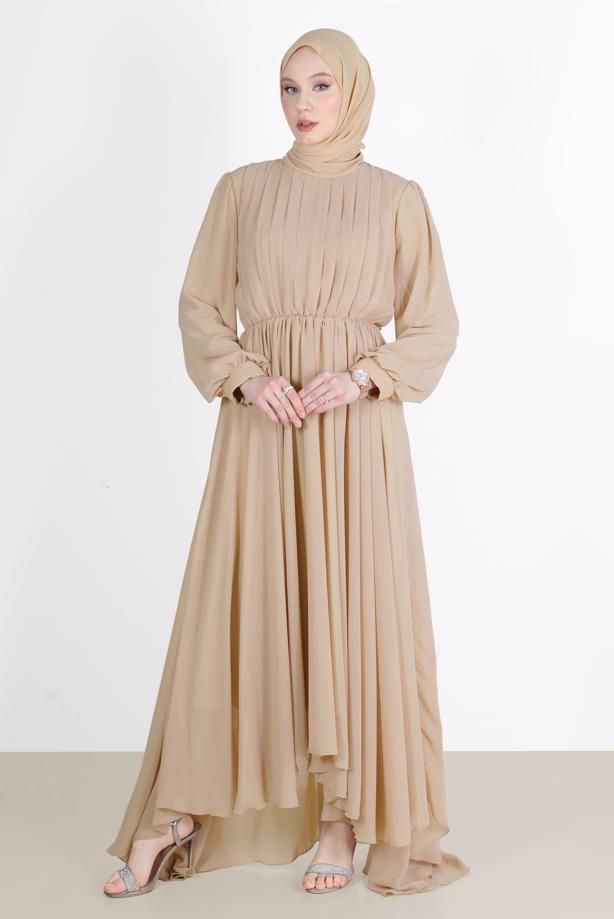 Tesettür giyim  PİLE GÖRÜNÜMLÜ BELİ BÜZGÜLÜ ABİYE ELBİSE 65015  - TRENDTESETTÜR