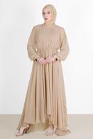 Tesettür giyim BEJ PİLE GÖRÜNÜMLÜ BELİ BÜZGÜLÜ ABİYE ELBİSE 65015 