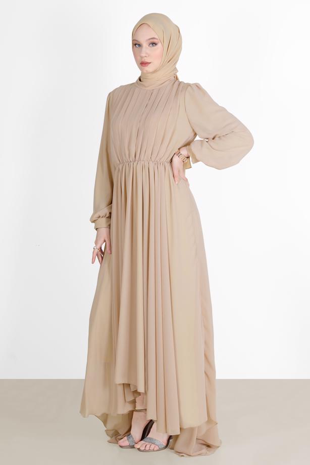 Tesettür giyim  PİLE GÖRÜNÜMLÜ BELİ BÜZGÜLÜ ABİYE ELBİSE 65015  - TRENDTESETTÜR