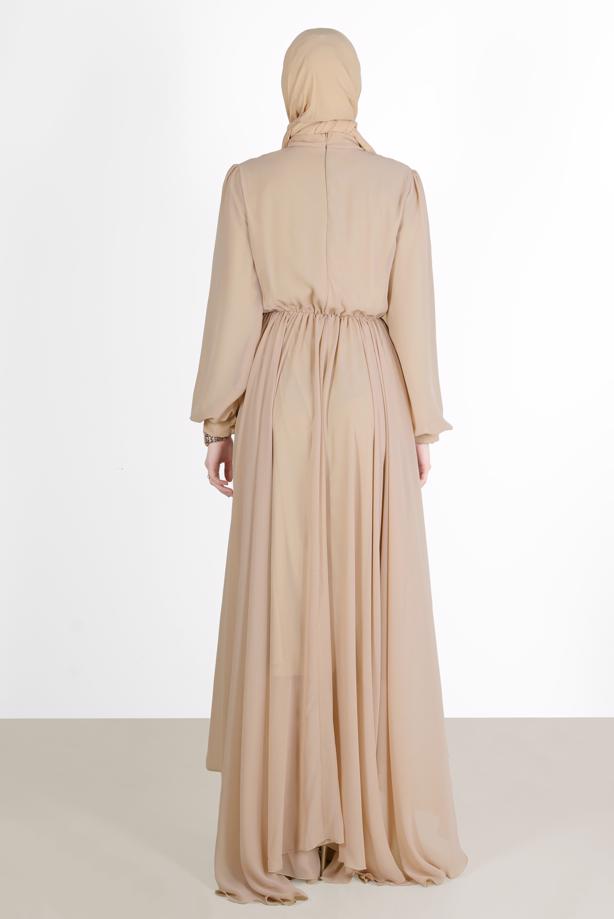 Tesettür giyim  PİLE GÖRÜNÜMLÜ BELİ BÜZGÜLÜ ABİYE ELBİSE 65015  - TRENDTESETTÜR