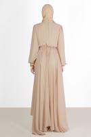 Tesettür giyim BEJ PİLE GÖRÜNÜMLÜ BELİ BÜZGÜLÜ ABİYE ELBİSE 65015 
