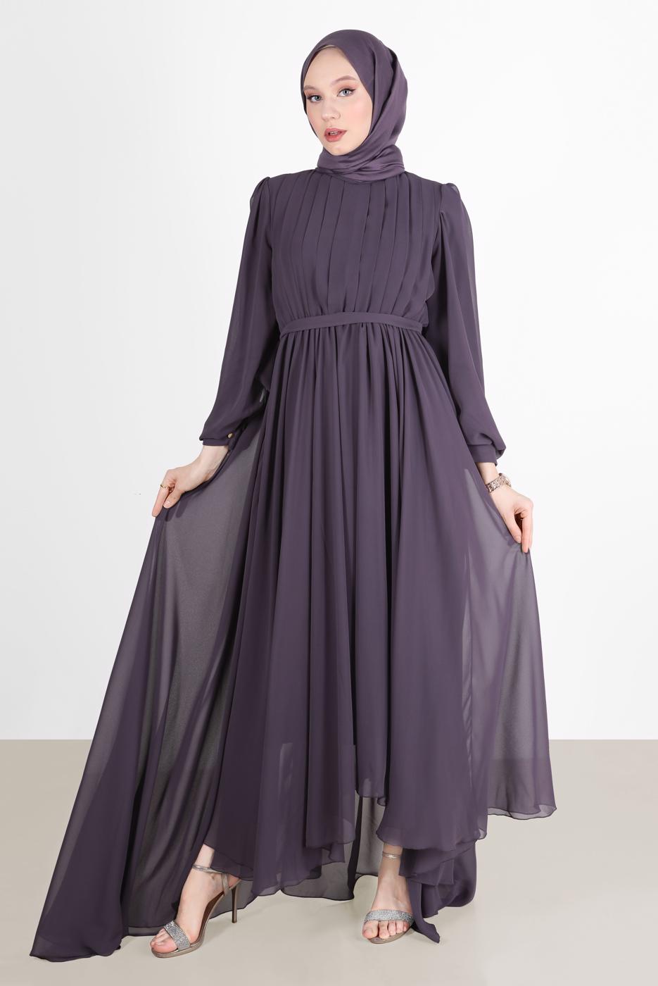 Tesettür giyim MOR PİLE GÖRÜNÜMLÜ BELİ BÜZGÜLÜ ABİYE ELBİSE 65015 