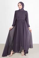 Tesettür giyim MOR PİLE GÖRÜNÜMLÜ BELİ BÜZGÜLÜ ABİYE ELBİSE 65015 