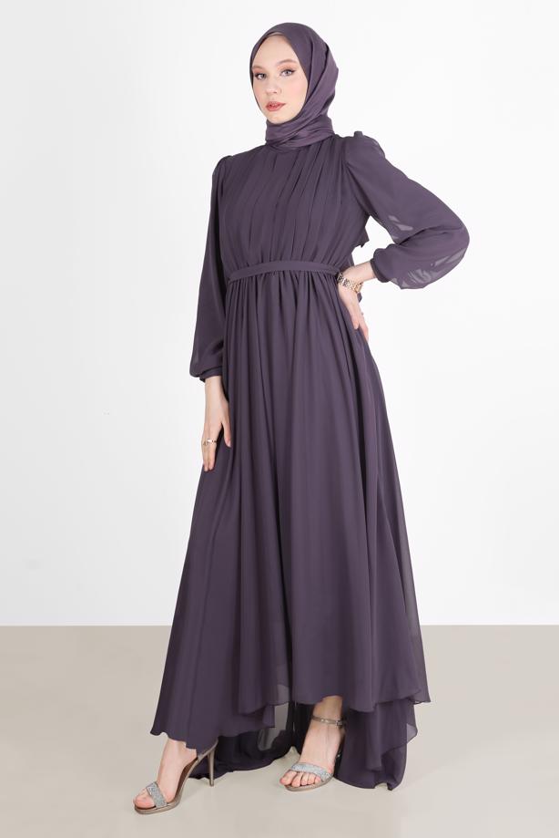 Tesettür giyim  PİLE GÖRÜNÜMLÜ BELİ BÜZGÜLÜ ABİYE ELBİSE 65015  - TRENDTESETTÜR