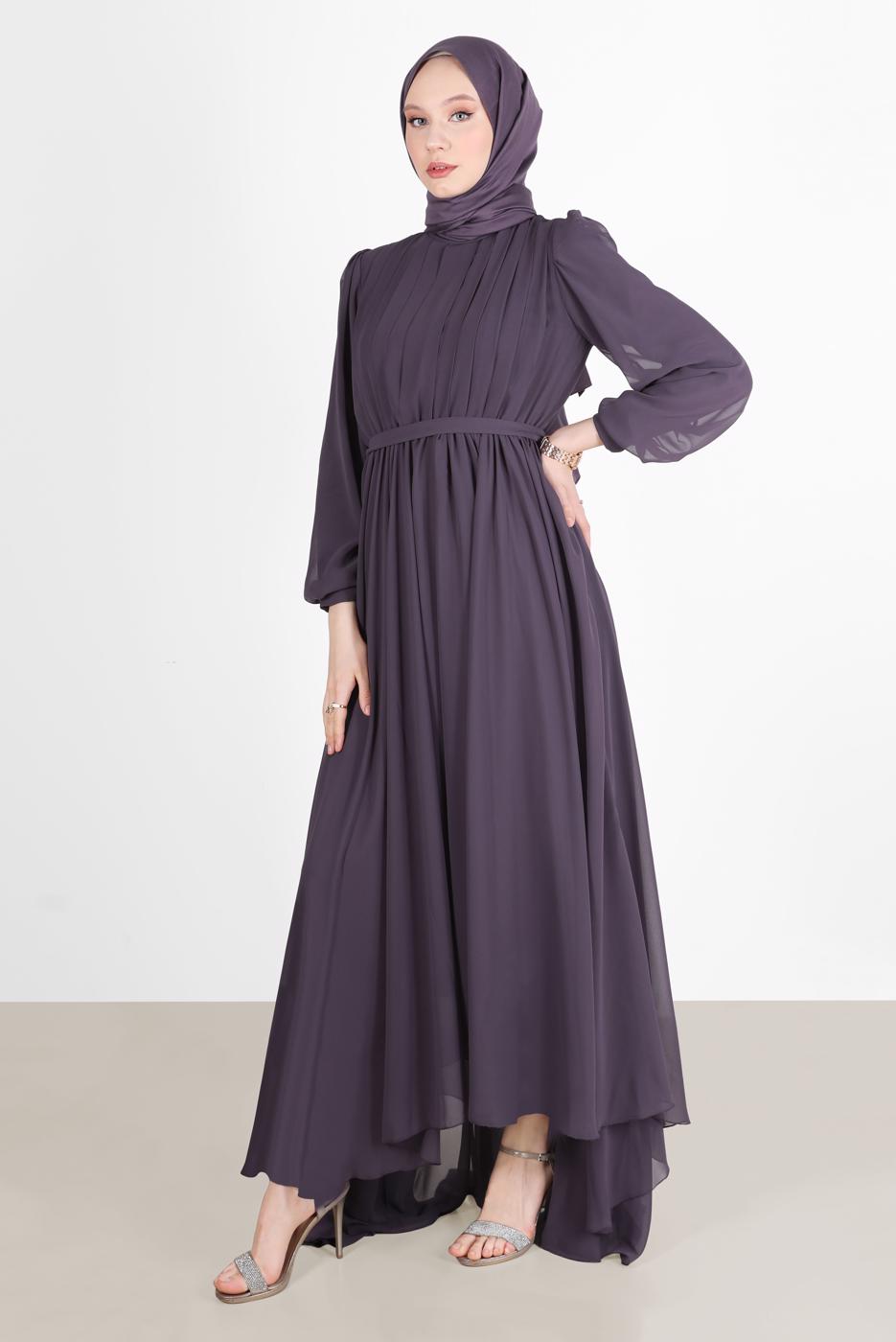 Tesettür giyim MOR PİLE GÖRÜNÜMLÜ BELİ BÜZGÜLÜ ABİYE ELBİSE 65015 
