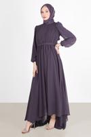 Tesettür giyim MOR PİLE GÖRÜNÜMLÜ BELİ BÜZGÜLÜ ABİYE ELBİSE 65015 